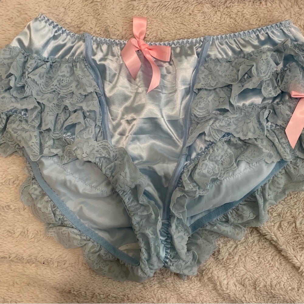 Lace Trim Satin Panties - Light Blue